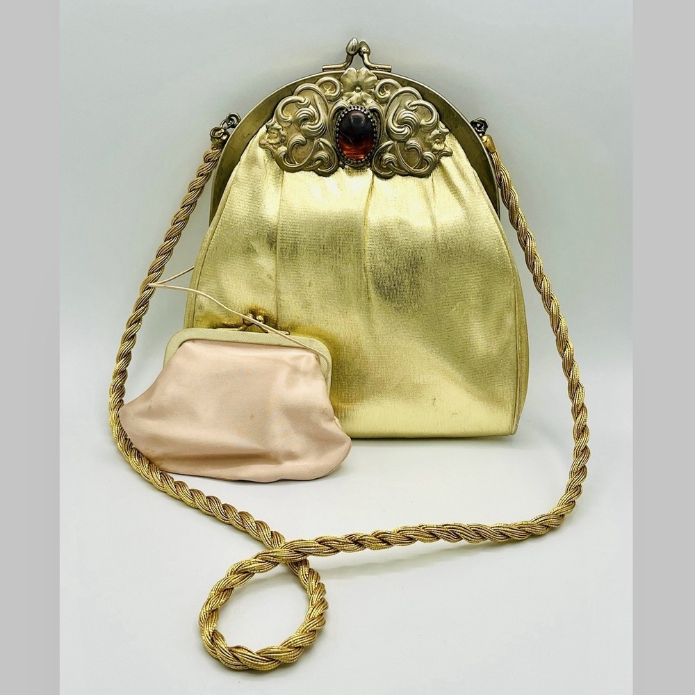 Vintage Harry Levine Evening Bag Gold Amber Stone Matching Coin Purse Kisslock - Picture 5 of 12